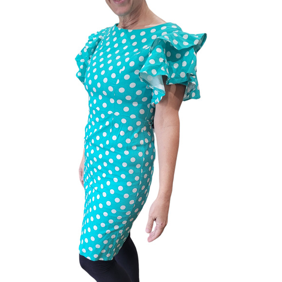 NWT Sisjuly Aqua Polka Dot Ruffle Trumpet Mermaid Dress L Coquette Retro Wiggle - Picture 1 of 9